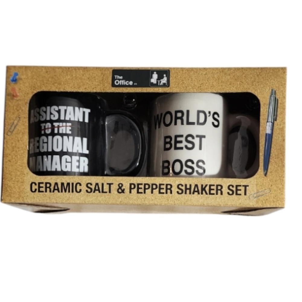 ❤The Office Salt and Pepper Shaker Ceramic Set,3" Tall,new W. Box,gift,boss,fun,